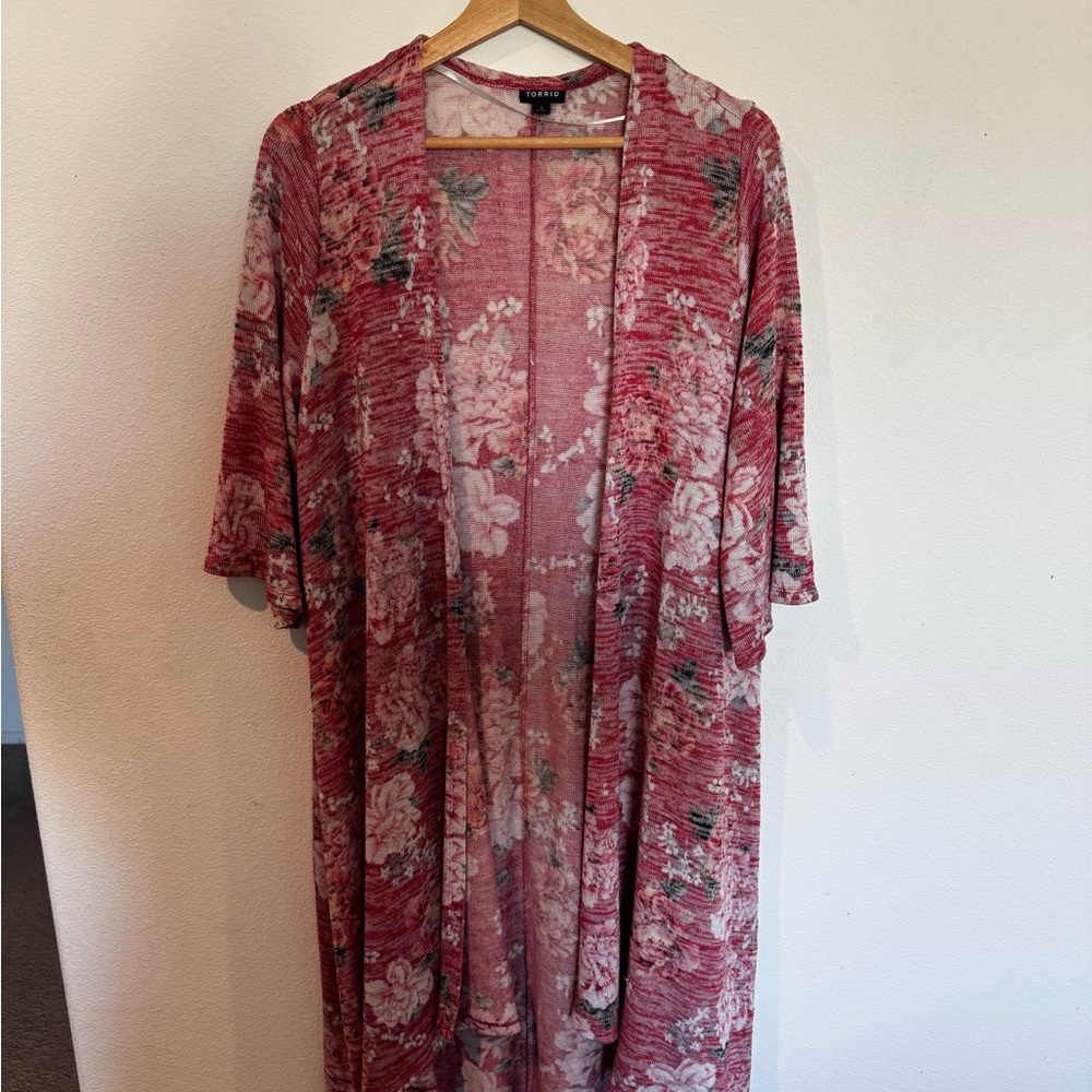Torrid Floral Kimono cardigan - pink, white and green size 1